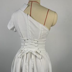 Spot European and American women's cross-border summer new diagonal collar short sleeve waist seal herringbone waist midi dress – Image 5