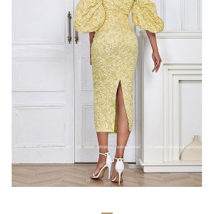 French boat neck, puff sleeves, slim fit, clavicle temperament, small dress, embossed jacquard cloth, three-dimensional concave and convex feeling – Image 6