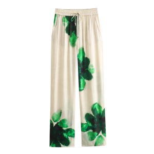 Foreign trade 2024 spring new women's European and American style silk satin texture flower print shirt straight trousers suit women – Image 3