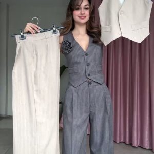 Europe and the United States cross-border high-waisted slim straight-leg casual sleeveless top striped wide-leg suit pants suit women – Image 5