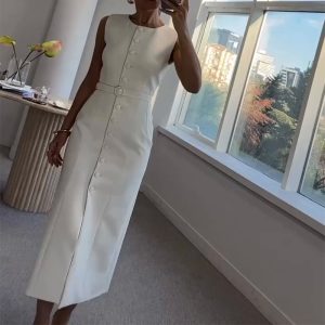 summer new European and American Amazon cross-border women's solid color round neck sleeveless single-breasted temperament dress – Image 3