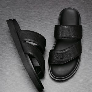 Leather slippers men's 2025 summer casual breathable sandals outdoor non-slip flip flops platform soled trendy beach shoes – Image 3