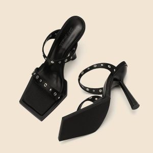 2025 Spring New Square Toe Open Toe Straight Strap High Heels Stud Black Satin Sexy Stiletto Sandals Women's Shoes – Image 3