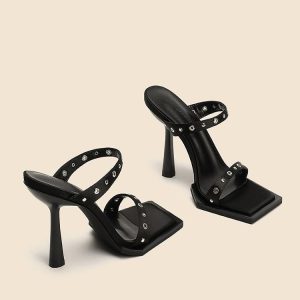 2025 Spring New Square Toe Open Toe Straight Strap High Heels Stud Black Satin Sexy Stiletto Sandals Women's Shoes – Image 4