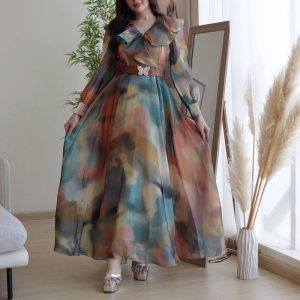 New European and American Foreign Trade Printed Large Pendulum Mesh Dress Commuter European and American Plus Size Women's Dress – Image 5