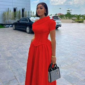 Spot European and American women's cross-border summer new diagonal collar short sleeve waist seal herringbone waist midi dress – Image 3