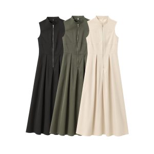 2025 spring new women's European and American style French design round neck sleeveless waist commuter temperament midi dress – Image 5