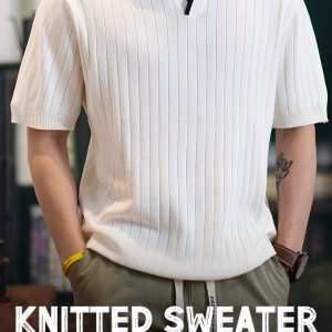 American Vintage Ice Silk Polo Shirt Short Sleeve Men's Summer 2025 New Loose Knit T-Shirt Men's V-Neck Top – Image 5