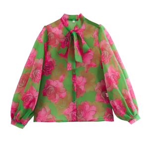 KASLEAD Women's New European and American style organza vintage print tie bow shirt top – Image 4