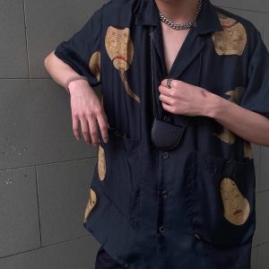 Hyakki Marche Nocturne Pranya Japonais Ukiyo-e Grimace Haut en Soie Mâle et Femme Couples Même Silky Chemise À Manches Courtes – Image 3
