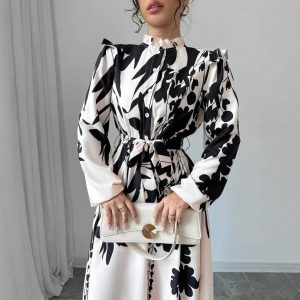 Amazon Cross Border Women's Flower Tunic Long Sleeve A-Line Dress Front Button Tunic Printed Long Skirt – Image 3