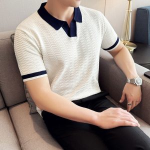 2025 summer contrast collar new European knitted lapel poio short sleeve light luxury trend – Image 3
