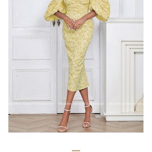 French boat neck, puff sleeves, slim fit, clavicle temperament, small dress, embossed jacquard cloth, three-dimensional concave and convex feeling – Image 4