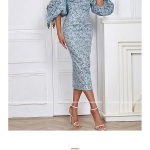 French boat neck, puff sleeves, slim fit, clavicle temperament, small dress, embossed jacquard cloth, three-dimensional concave and convex feeling – Image 7