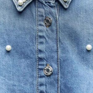 ZA Autumn New Arrivals Women's Lapel Long Sleeve Loose Shirt Faux Pearl Beaded Denim Shirt 6147191 – Image 3