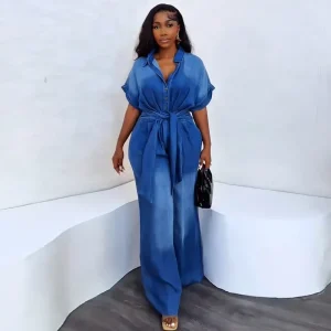 European and American cross-border women's clothing 2025 summer new fashion lapel breasted lace-up short sleeve loose wide-leg jumpsuit – Image 3