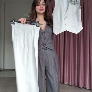 Europe and the United States cross-border high-waisted slim straight-leg casual sleeveless top striped wide-leg suit pants suit women – Image 4