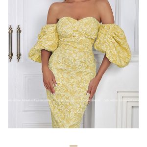French boat neck, puff sleeves, slim fit, clavicle temperament, small dress, embossed jacquard cloth, three-dimensional concave and convex feeling – Image 5