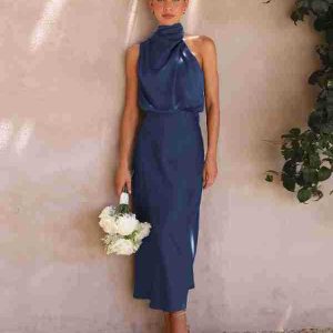 Spring and summer hot sale cross-border satin women's temperament elegant celebrity dress French high-end light evening dress – Image 5