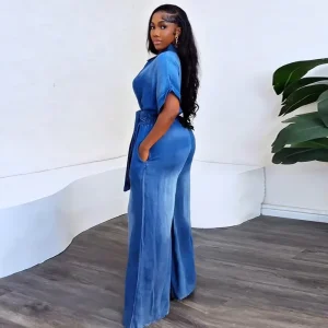 European and American cross-border women's clothing 2025 summer new fashion lapel breasted lace-up short sleeve loose wide-leg jumpsuit – Image 4