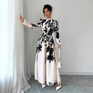 Amazon Cross Border Women's Flower Tunic Long Sleeve A-Line Dress Front Button Tunic Printed Long Skirt – Image 4