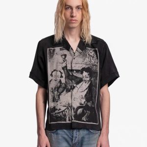 En stock nouveau ERD mélancolie riche deuxième génération 24 littéraire noir et blanc portrait imprimé chemise à manches courtes unisexe – Image 3