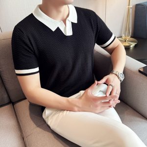 2025 summer contrast collar new European knitted lapel poio short sleeve light luxury trend – Image 4