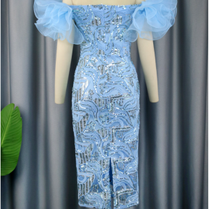 Mesh Sequin Party Dress European and American sexy mesh sleeve sequins wrap chest waist party dress dress – Image 3