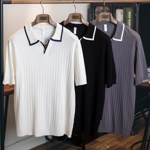 American Vintage Ice Silk Polo Shirt Short Sleeve Men's Summer 2025 New Loose Knit T-Shirt Men's V-Neck Top – Image 4
