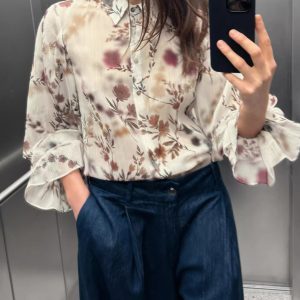ZA2025 Spring New Arrival Women's Metallic Line Print Lapel Long Sleeve Translucent Layered Shirt – Image 5