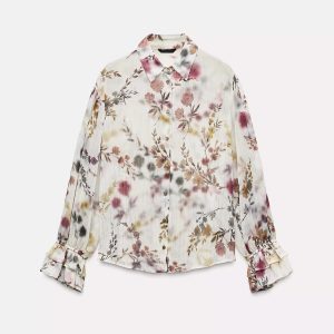 ZA2025 Spring New Arrival Women's Metallic Line Print Lapel Long Sleeve Translucent Layered Shirt – Image 6