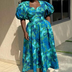 Spring and summer cross-border European and American women's new puff sleeve dresses women's skirts African print waist high-end long skirts – Image 3