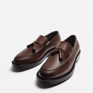 WALK ZARA Autumn Men's Shoes Brown Tassel with Calfskin Dress Loafers Leather Shoes – Image 3