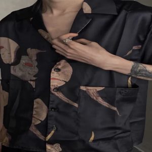 Hyakki Marche Nocturne Pranya Japonais Ukiyo-e Grimace Haut en Soie Mâle et Femme Couples Même Silky Chemise À Manches Courtes – Image 4