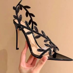 Celebrity style! Black rhinestone sandals women's 2025 new pointed toe leaves are beautiful temperament strap high heels – Image 4