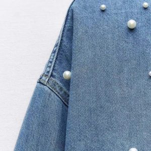 ZA Autumn New Arrivals Women's Lapel Long Sleeve Loose Shirt Faux Pearl Beaded Denim Shirt 6147191 – Image 4