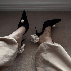 New White Rose Satin High Heels Women's French Pointed Toe Pearl Sandals Stiletto Heels Celebrity Banquet Sandals – Image 5