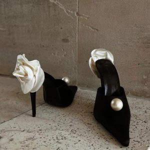 New White Rose Satin High Heels Women's French Pointed Toe Pearl Sandals Stiletto Heels Celebrity Banquet Sandals – Image 4