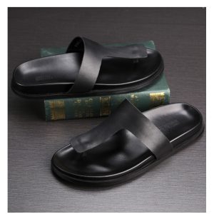 European station slippers men's summer men's sandals flip flops men's tide leather simple British beach shoes thick bottom slippers – Image 3