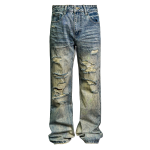 Down Minor: Heavy wash, yellowed, tattered whiskers, jeans, niche design, yellow mud dyed ripped trousers – Image 5