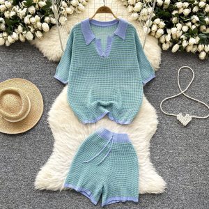 Korean fashion suit, women's summer lazy style, retro lapel, short sleeve, cut-out knit top, tight hip shorts – Image 4