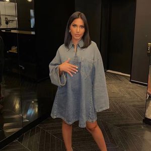 cross-border foreign trade European and American women's clothing summer new simple fashion personality loose long-sleeved denim dress – Image 4