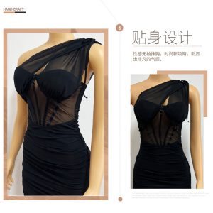 Cross-border, European, American, foreign trade, niche design temperament, slanted shoulders, evening dresses, hollow sexy, slim royal sister pleated hip skirt – Image 3