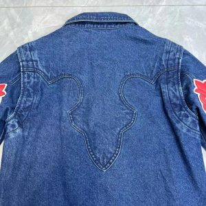 25 DESERTPLANTS Scarlet Leather Cross Lapel Denim Jacket Cardigan Jacket Unisex – Image 6