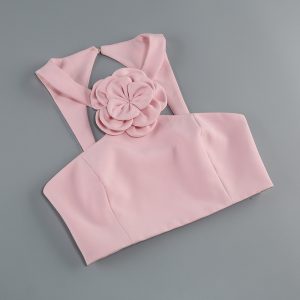 Fashion Internet celebrity photography party dress set top halterneck decoration flower temperament women's short skirt two-piece set – Image 3