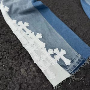 Zhigu 2025 new cross leather hardware jeans, trousers, slacks, slightly flared, white goddess color – Image 3