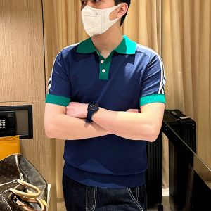 British retro youth handsome lapel short sleeve t-shirt summer fashion color-block striped slim knit polo shirt men – Image 4