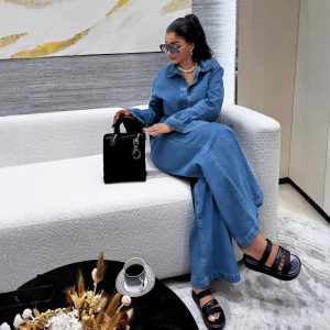 Cross-border European and American new women's denim suit, long-sleeved lapel pocket top, lace-up straight pants two-piece set – Image 3