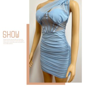 Cross-border, European, American, foreign trade, niche design temperament, slanted shoulders, evening dresses, hollow sexy, slim royal sister pleated hip skirt – Image 4