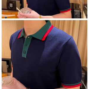 yomobrother summer light luxury high-end fashion contrast thread knit short sleeve men's lapel t-shirt polo shirt men – Image 3